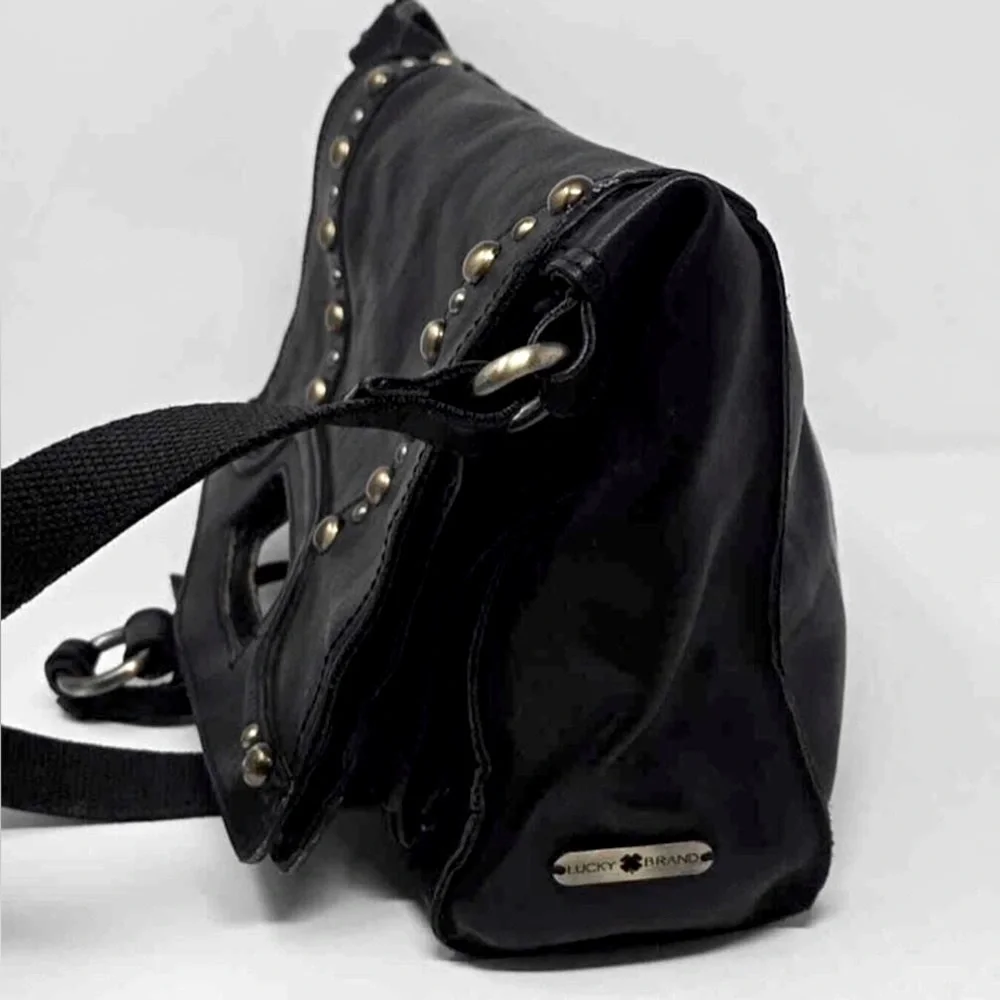 Lucky Brand Abbey fold over black leather studded messenger bag.Very Clean.